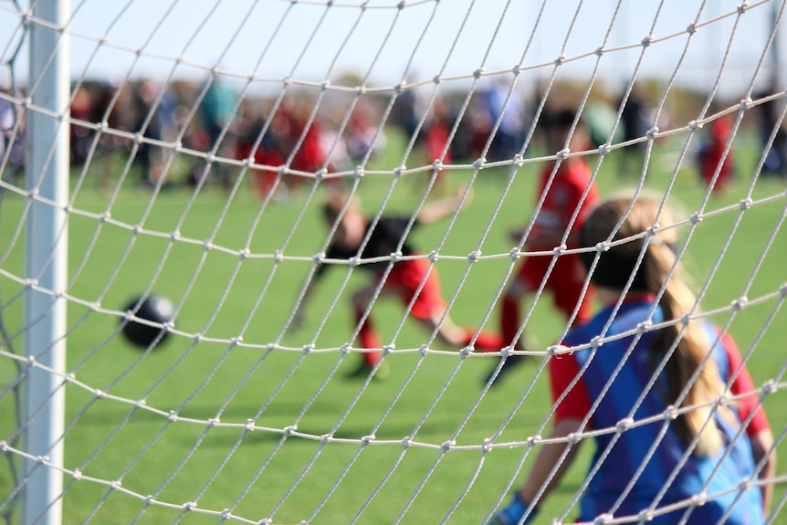 A soccer net with children playing in front of it