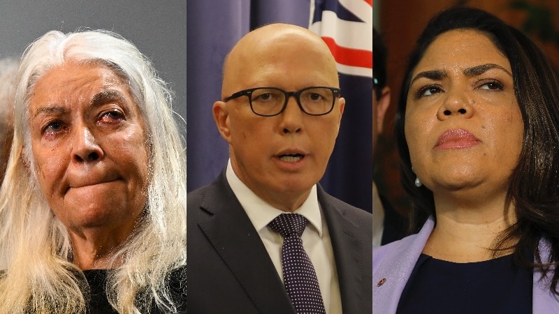 A composite image showing an emotional Marcia Langton, Peter Dutton speaking and Jacinta Nanpijinpa Price looking on