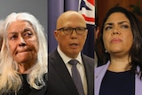 A composite image showing an emotional Marcia Langton, Peter Dutton speaking and Jacinta Nanpijinpa Price looking on