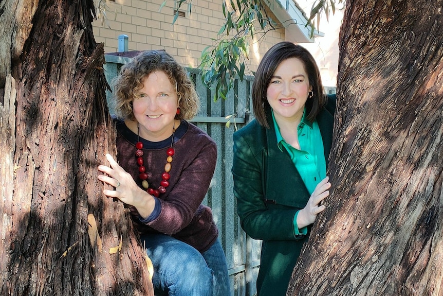 two women peeking out from behind grey box trees