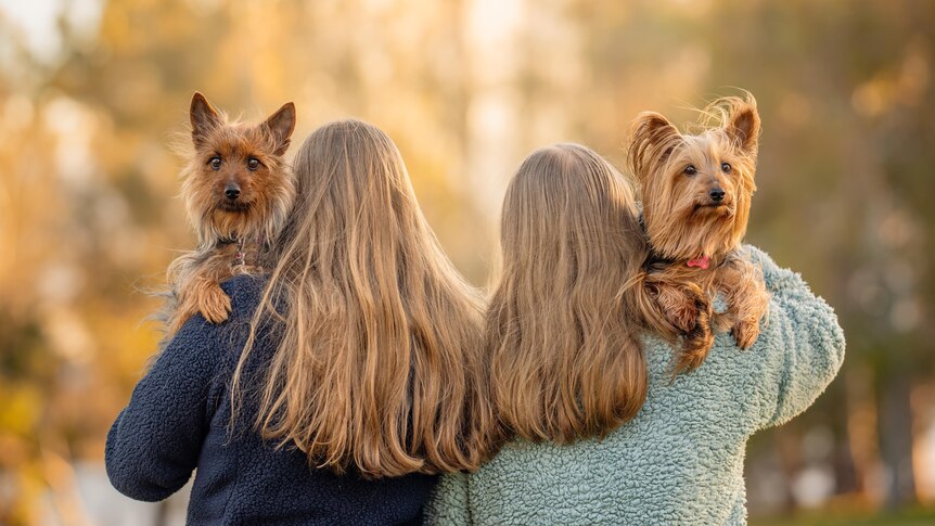 Two girls stand with their backs to the camera holding two puppies.