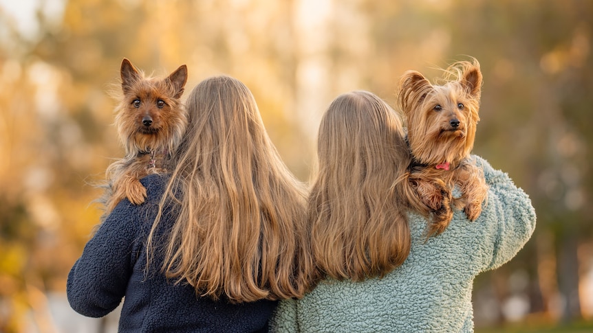 Two girls stand with their backs to the camera holding two puppies.