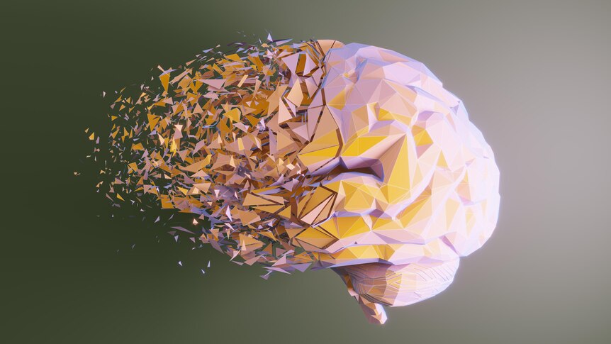 Artwork of a brain in a geometric style. Half of the brain is splintering off in chunks.