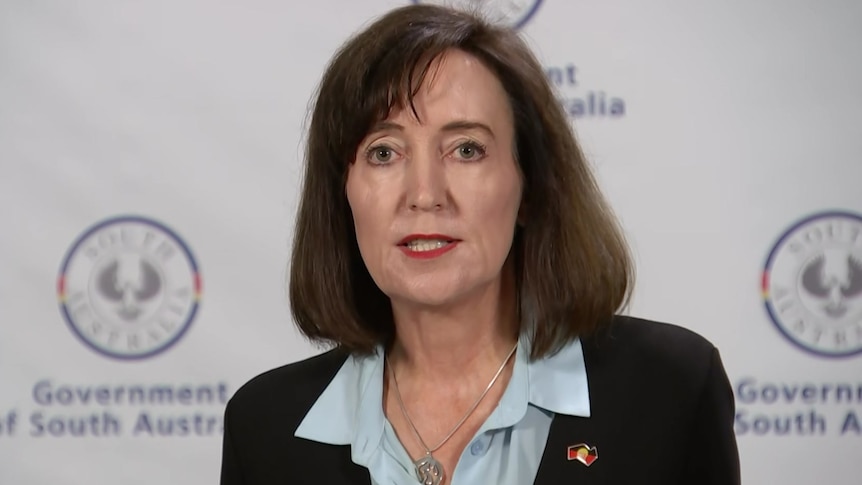 A woman with brown hair wearing a black jacket and blue shirt in front of SA government logos