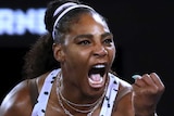 Serena Williams shouts and clenches her fist during her Australian Open match against Tamara Zidansek.