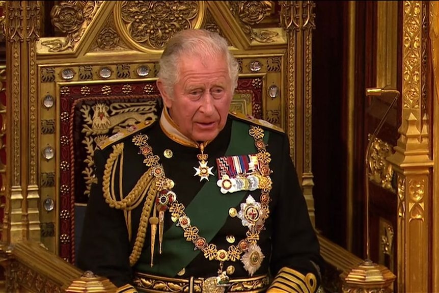 Prince Charles sitting on the throne.