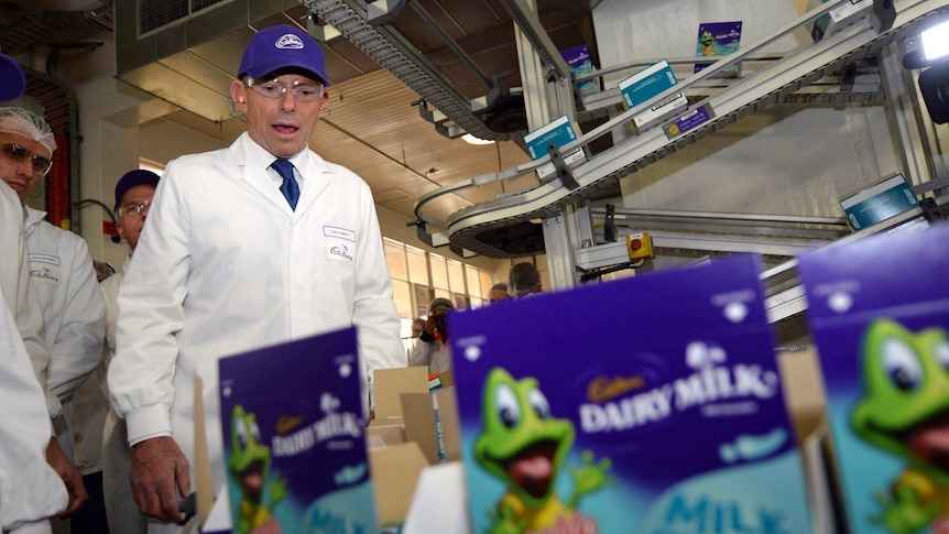 Tony Abbott visits the Cadbury chocolate factory in Hobart