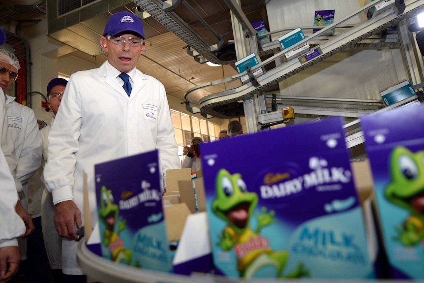 Tony Abbott visits the Cadbury chocolate factory in Hobart