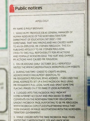 A newspaper apology by a senior NT Health bureaucrat to an ex-employee.