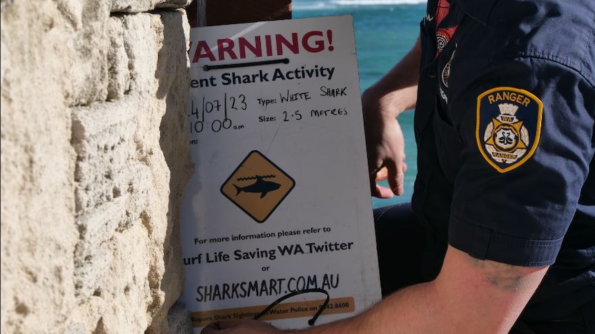 A ranger sets up a beach closed sign after a shark attack.