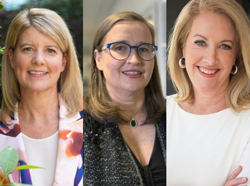 A composite image of headshots of three women, all smiling into the camera