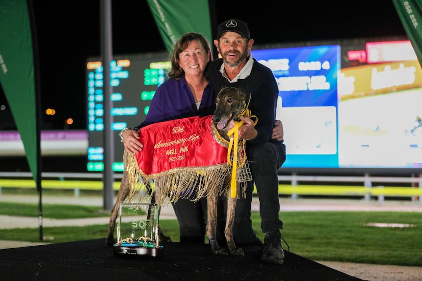 A woman and man standing with their hands resting on a greyhound with a trophy in front