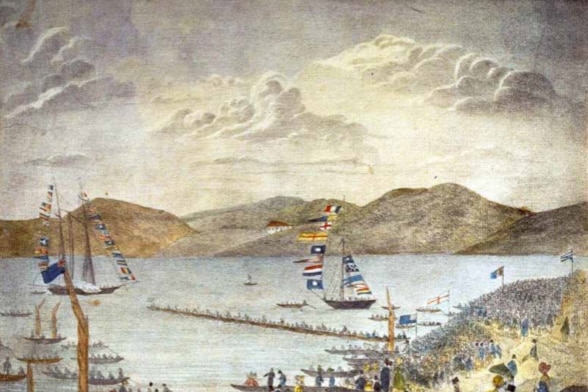 Historic drawing of sailing boats and crowds of people on shore