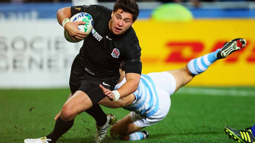 Match winner ... Ben Youngs pounces to put England ahead against Argentina.