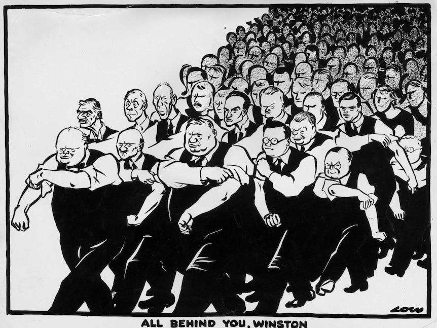 A black and white political cartoon illustrating public support of wartime prime minister Winston Churchill.