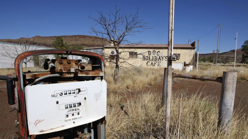 A broken petrol bowser sits in the asbestos town of Wittenoom in Western Australia