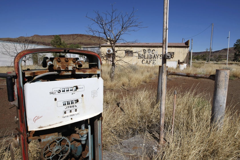 A broken petrol bowser sits in the asbestos town of Wittenoom in Western Australia