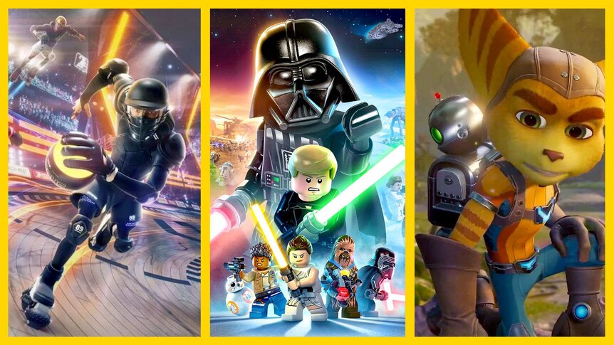 On the left, there is a rollerskater, in the middle are Star Wars characters, and Ratchet & Clank on the right
