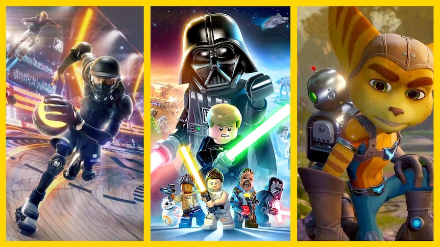 On the left, there is a rollerskater, in the middle are Star Wars characters, and Ratchet & Clank on the right