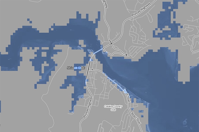 A map by Climate Central showing Batemans Bay after four degrees of global warming