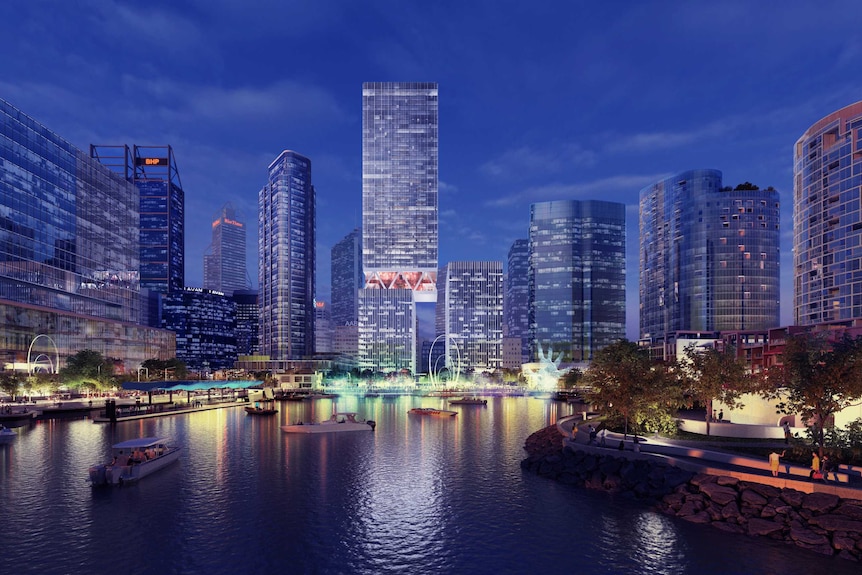 An artist's impression of a busy outdoor plaza at Elizabeth Quay with towers in the background.