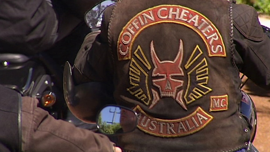 Coffin Cheaters bikie gang logo on jacket, Perth WA