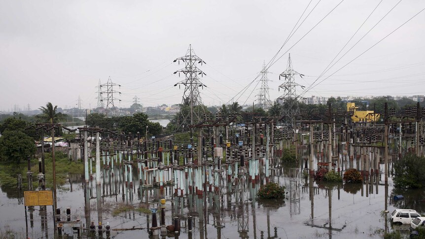 A power sub-station partially submerged in Chennai