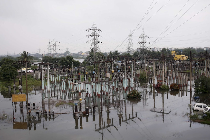 A power sub-station partially submerged in Chennai