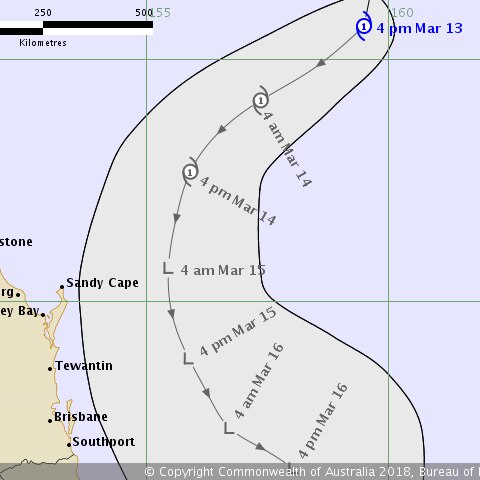 A map shows Cyclone Linda tracking off the Queensland coast