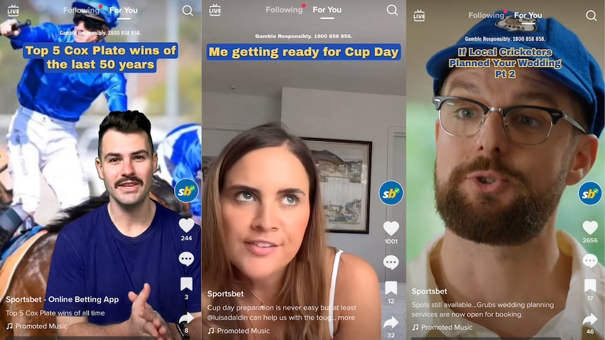 Three screenshots of sportsbet advertising on TikTok, one which says "Top 5 Cox Plate winners in the last 50 years",  