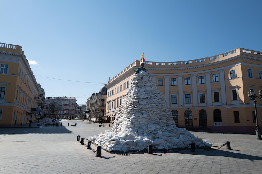 A sandbagged monument in Odesa