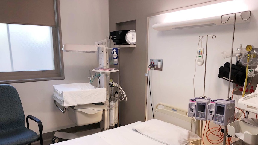 An empty hospital bed in the new birthing suite at Bacchus Marsh and Melton Regional Hospital.