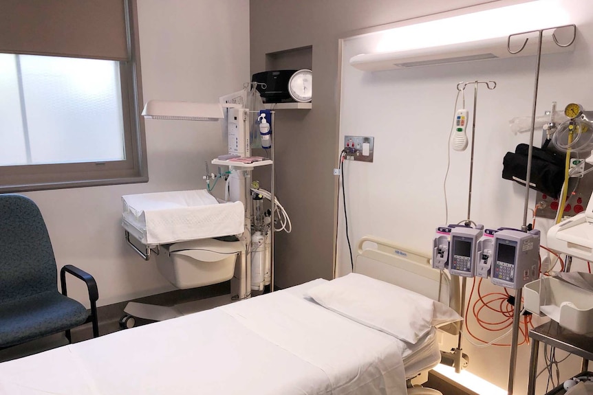 An empty hospital bed in the new birthing suite at Bacchus Marsh and Melton Regional Hospital.