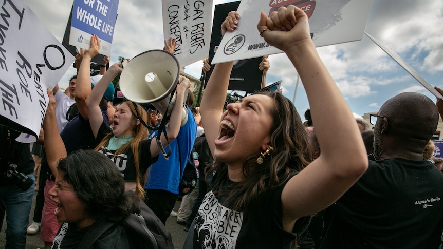 A young woman pumping her fists and shouting in a huge group of protesters 