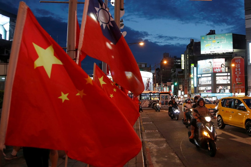 China's flags flying on the street of Taiwan