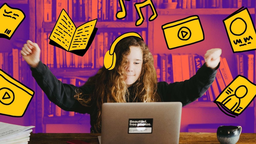 Girl with hands raised in joy with illustrated books around her in story about making the most of libraries during coronavirus