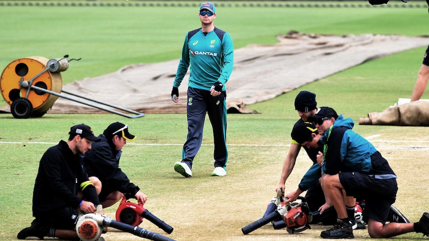 Groundsmen apply blow-dryers to WACA pitch