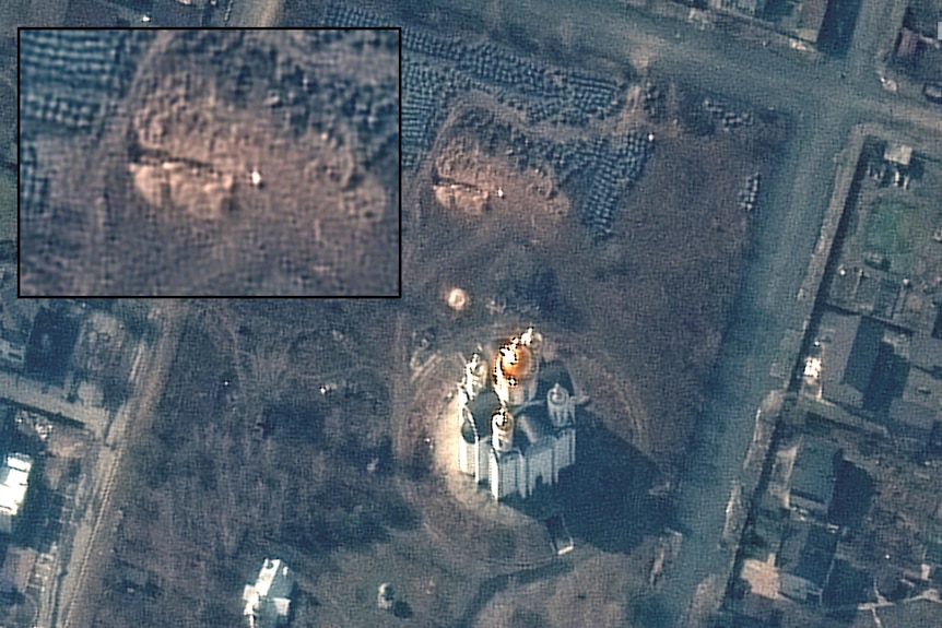 Overview image of a grave site in a churchyard, with a zoomed-in inset image showing the trench