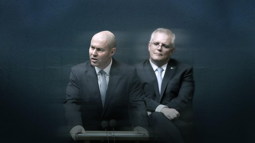 A designed image showing Josh Frydenberg speaking while Scott Morrison watches from behind.