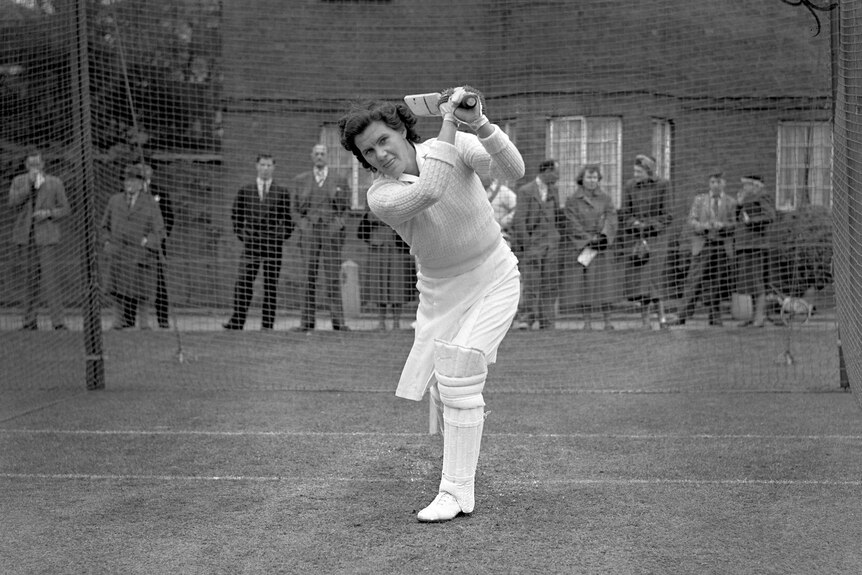 Betty Wilson after taking a shot in the batting nets at Lords.
