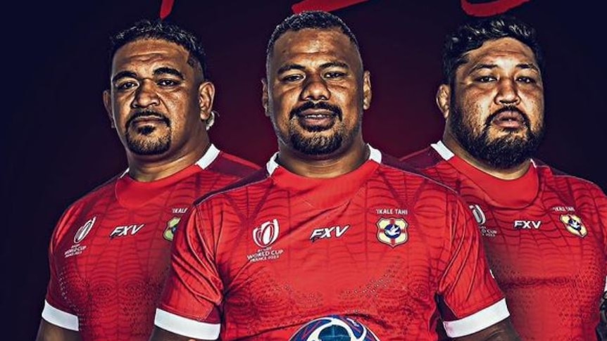 Illustration of three Tongan rugby union players. Wearing red Tongan uniform shirts, staring to camera. Football tossed in air. 