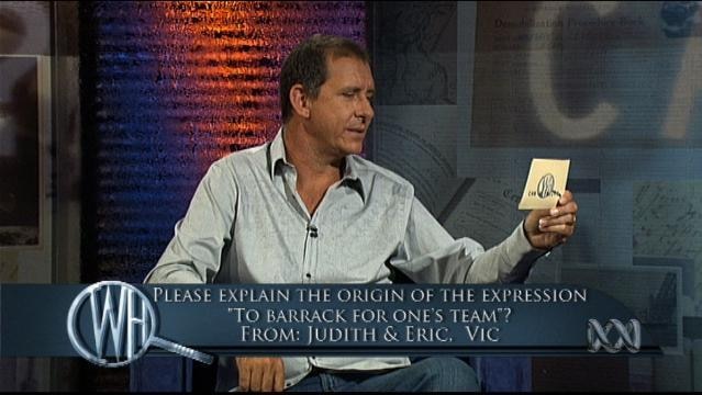 Presenters sit on set, text overlay reads "Please explain the origin of the expression 'To barrack for one's team'?"