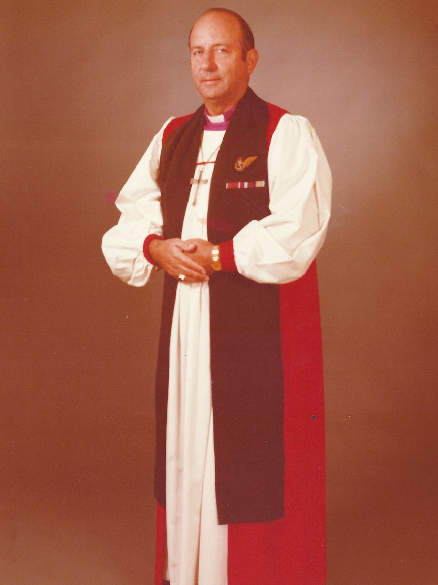 Portrait orientation photo of disgraced former Anglican Bishop Donald Shearman dressed in robes.
