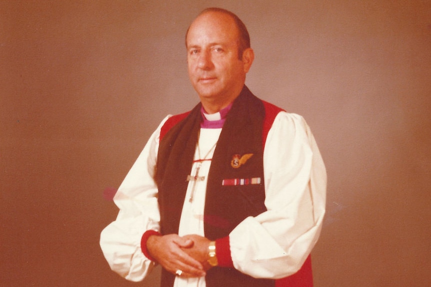 Portrait orientation photo of disgraced former Anglican Bishop Donald Shearman dressed in robes.