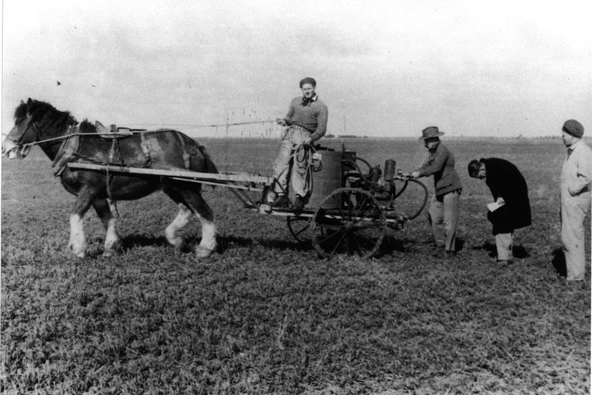 1930's horse and cart with scientists gathering samples