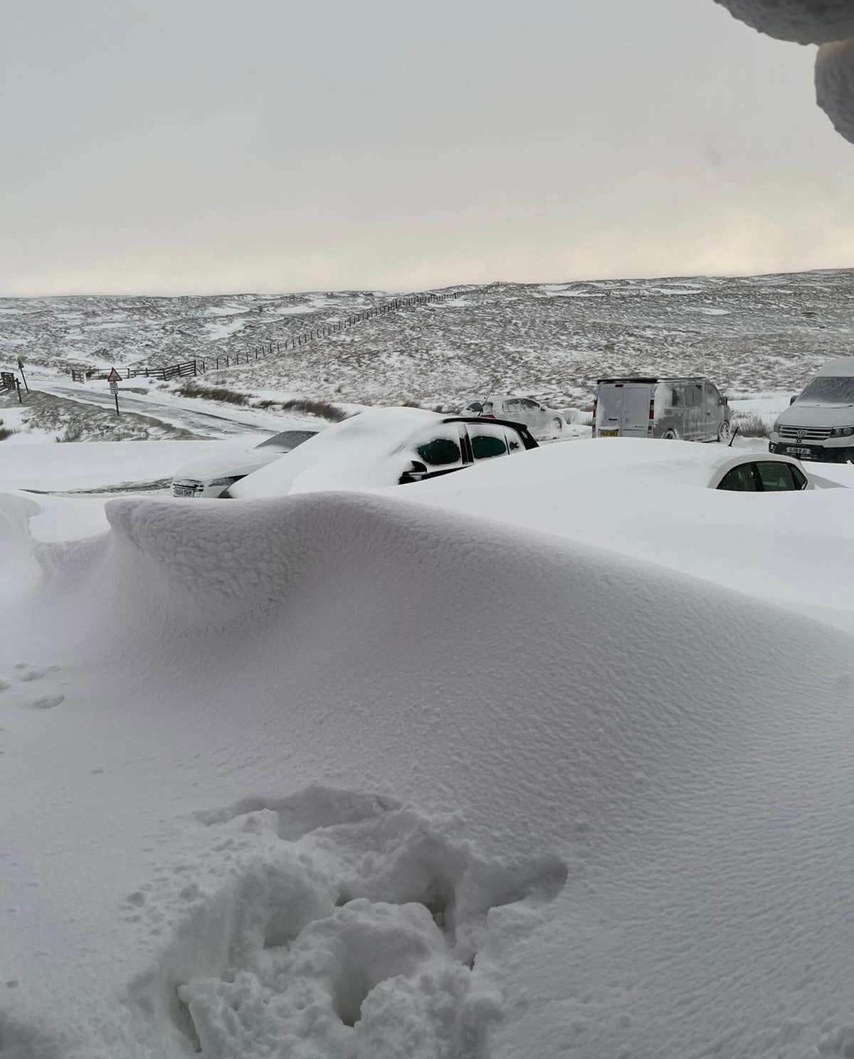 Snow covering vehicles in a car park.