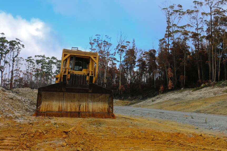 A bright yellow bulldozer in front of burnt forest.