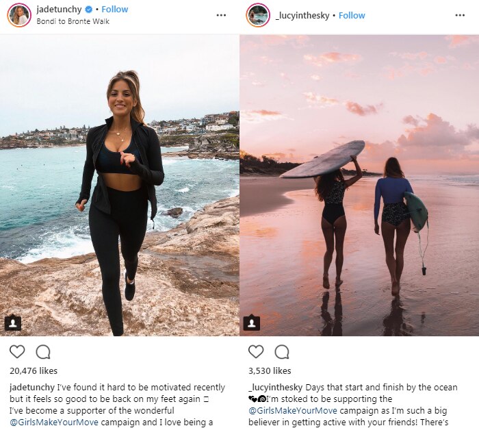 Instagram photos of young women in activewear and swimwear by the beach.