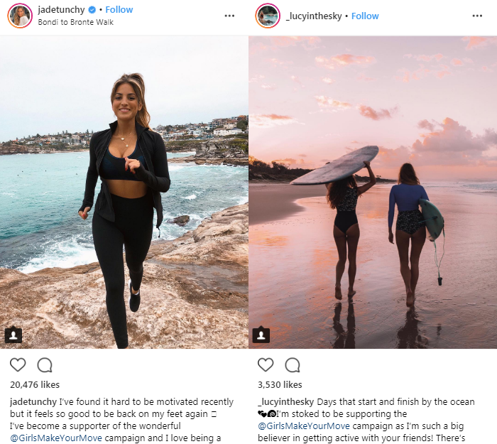 Instagram photos of young women in activewear and swimwear by the beach.
