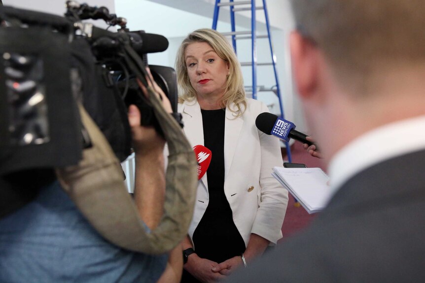 Senator McKenzie is looking at the journalists, with a ladder behind her. She's wearing a white blazer.